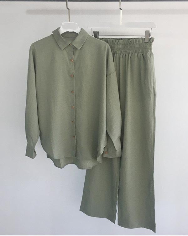 Linen Set Casual Shirt Elastic Pants Suits