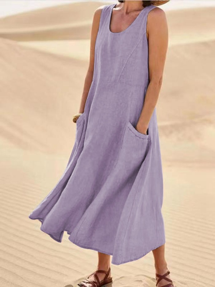 Women's Sleeveless Cotton And Linen Dress