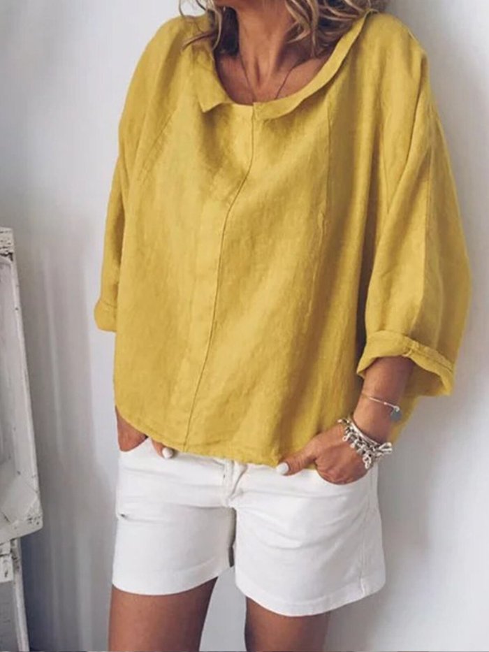 Women's Solid Color Small Lapel Pullover Cotton Linen Shirt