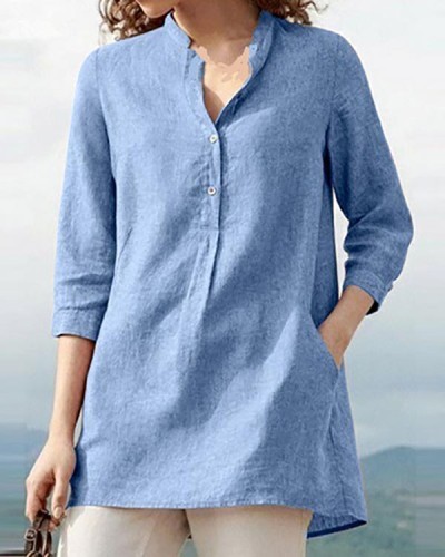 Solid Color Stand Collar Linen Casual Pullover Shirt Top
