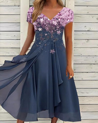Temperament and Fashionable Chiffon Stitching Floral Dress