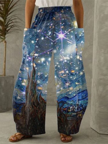 Oil Painting & Space Image Print With Pockets Wide-Leg Trousers