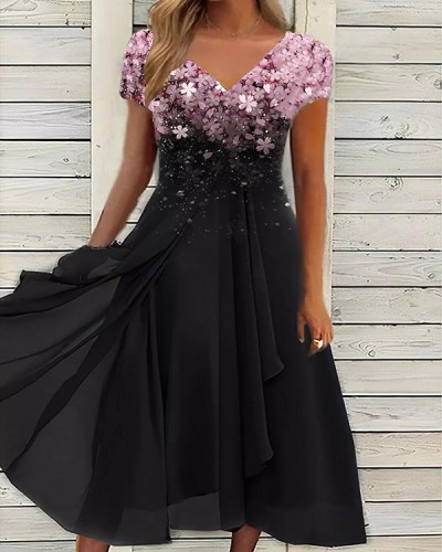 Temperament and Fashionable Chiffon Stitching Floral Dress