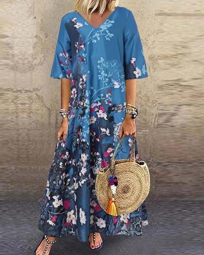 Casual Floral Print V-Neck Half-Sleeve Maxi Dress