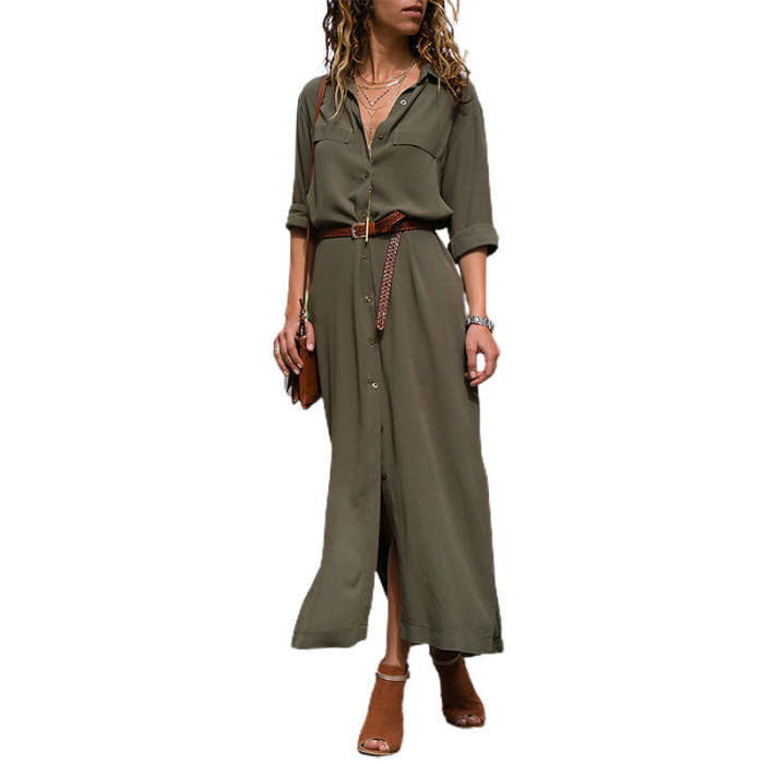 Long Sleeve Solid Color Button Formal Loose Dress