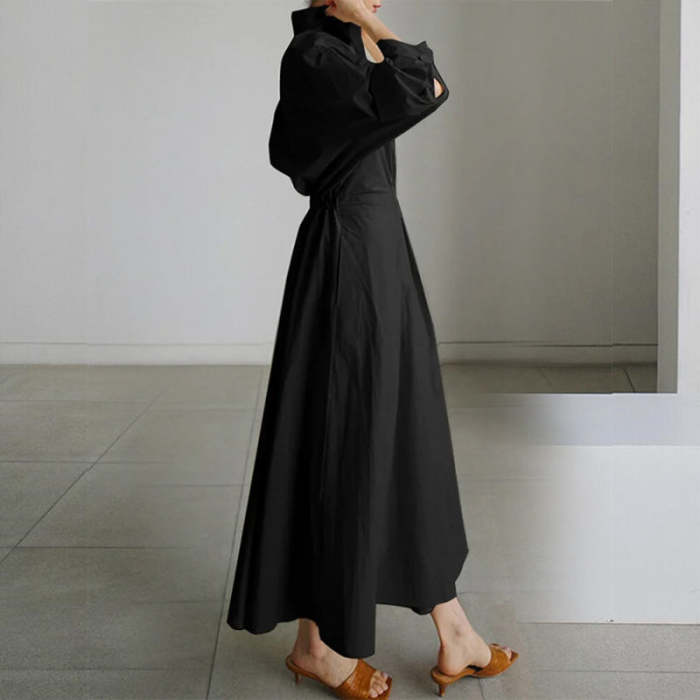 Women's Solid Pocket Button Lapel Long Sleeve Maxi Shirt Casual Dress
