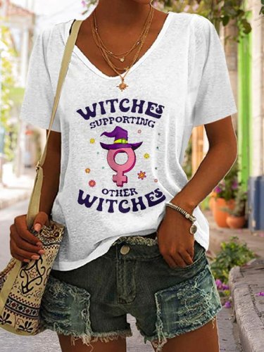 V-Neck Halloween Witches Supporting Other Witches Print T-Shirt