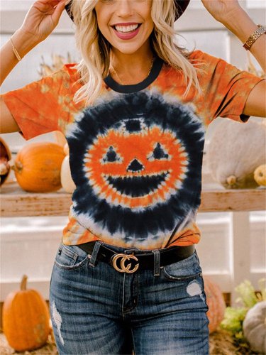 Women's Halloween Pumpkin Smiley Tie Dye Cozy T-Shirt
