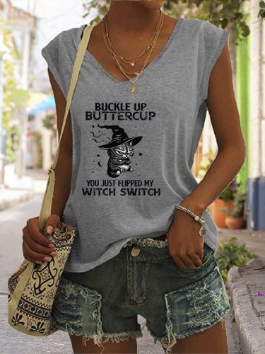 Women's Halloween Buckle Up Buttercup You Just Flipped My Witch Switc Cat Print Sleeveless T-Shirt