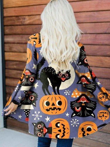 Women's Halloween Pumpkin Black Cat Print Cardigan