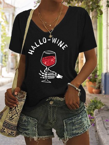 Women's Halloween Hallo Wine Print T-Shirt
