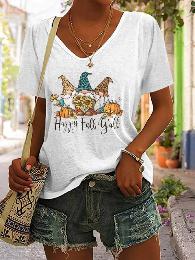 Women's Gnomes Happy Fall Yall Print Casual T-Shirt