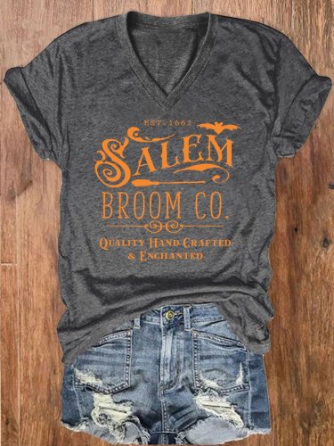Women's Salem Broom Co Halloween Print V-Neck T-Shirt