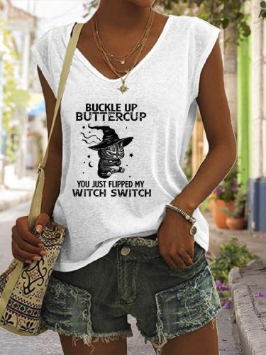 Women's Halloween Buckle Up Buttercup You Just Flipped My Witch Switc Cat Print Sleeveless T-Shirt