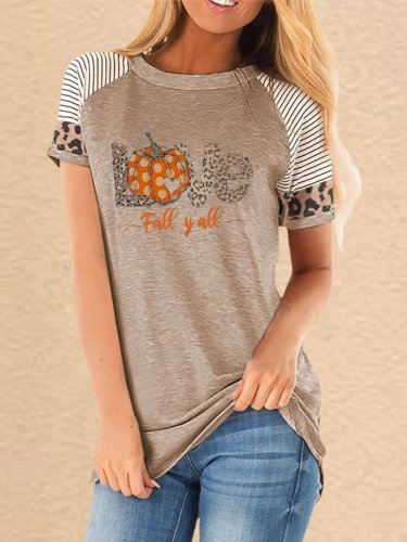 Women's Halloween Love Fall Yall Leopard Patchwork Print Casual Short Sleeve T-Shirt