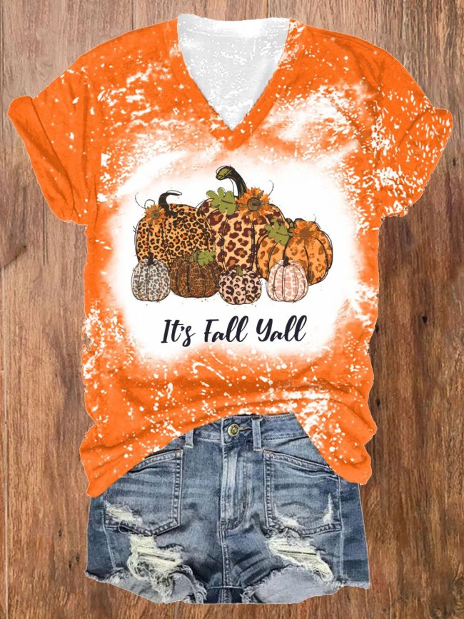 Women's Halloween Pumpkin It's Fall Yall Tie DyePrint V-Neck T-Shirt