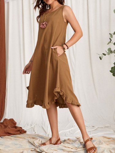 Women's Solid Color Pocket Pleated Cotton Linen Dress