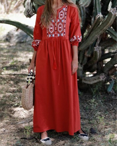 Women's Ethnic Red Tassel Decorative Long Dress
