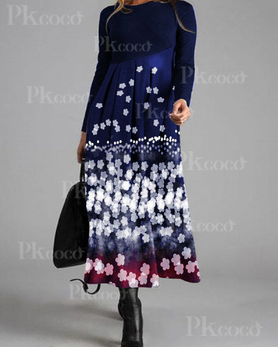 Round Neck Print Stitching Casual Long-sleeved Maxi Dress