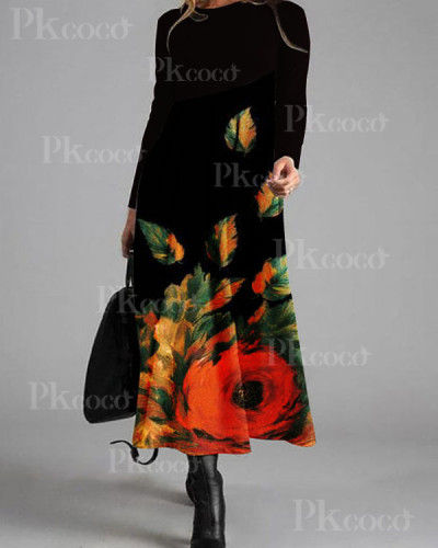 Round Neck Print Stitching Casual Long-sleeved Maxi Dress