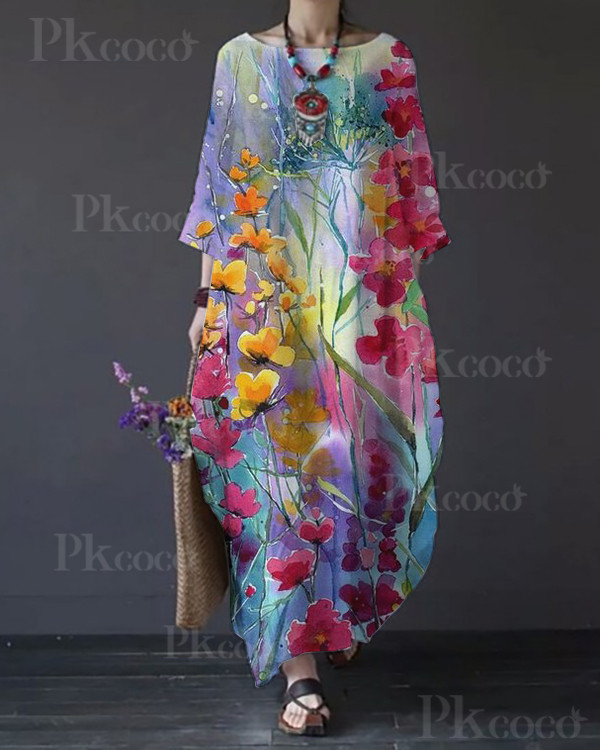 Vintage Floral Loose Crewneck Maxi Dress