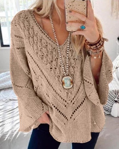 Solid Color Cutout V-Neck Sweater