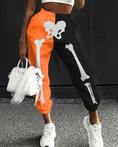 Loose Harem Sports Black Orange Print Contrast Color Casual Women's Pants