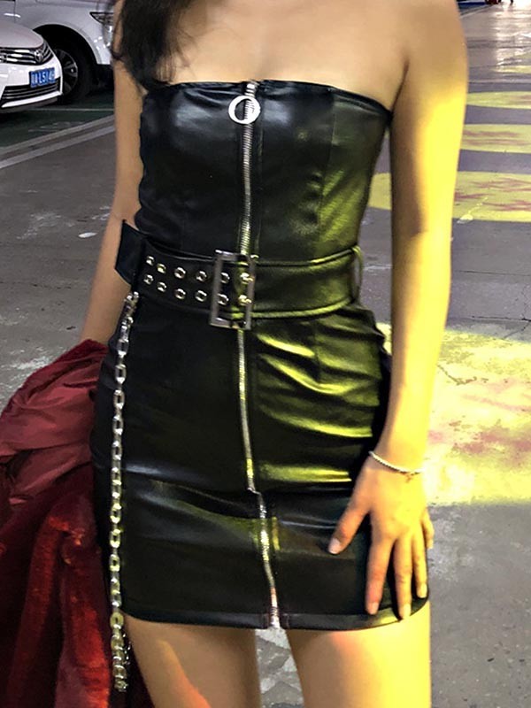 Gothic Sexy Leather Skirt Tube Top Sling Dress