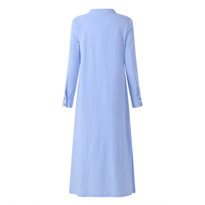 Women's cotton and linen casual long sleeve shirt dress