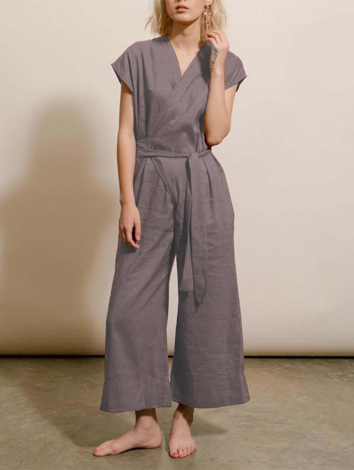 Retro Solid Loose Linen Jumpsuit Lace Up Fashion Casual Sets