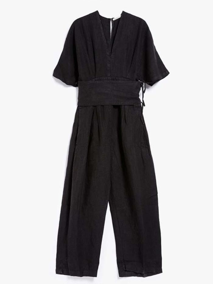 New Casual Age-reducing Western Style Retro Belted Linen Jumpsuit
