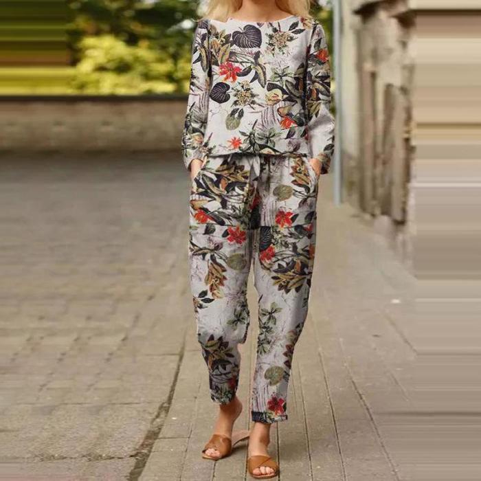 Women's Fashion Long Sleeve Top Casual Pants Cotton And Linen Two Piece Suit