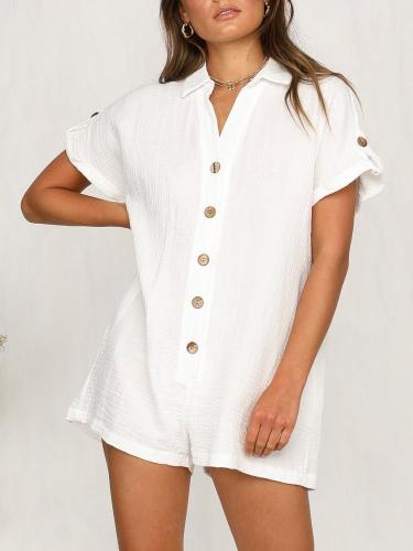 Women's V Neck Button Solid Color Cotton And Linen Jumpsuit Shorts