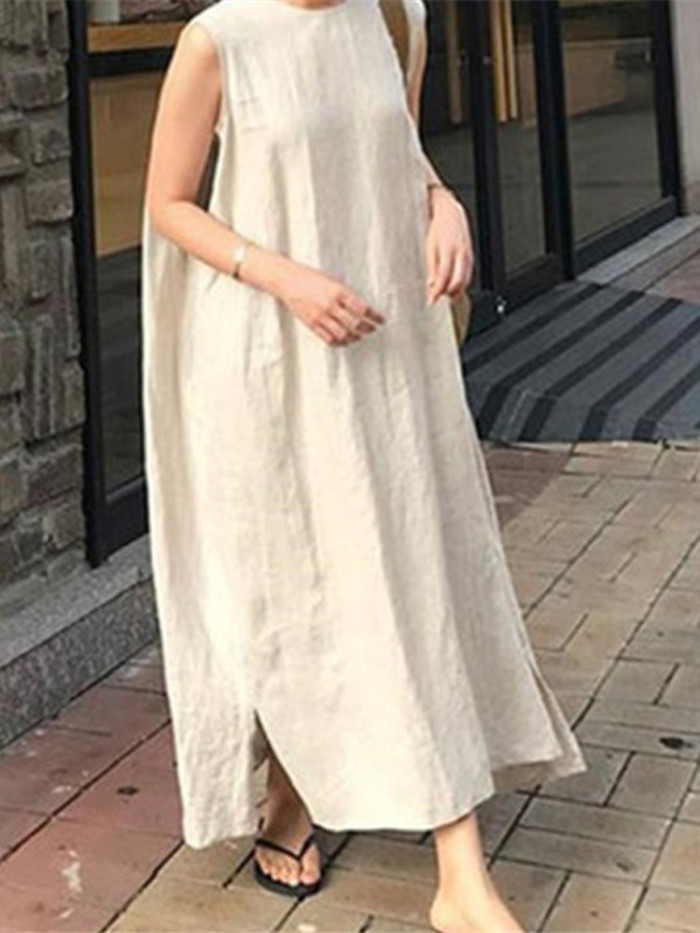 Loose Cotton And Linen Round Neck Sleeveless Maxi Dress