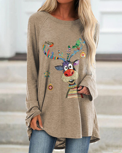 Christmas Reindeer Printed Women's Loose Top