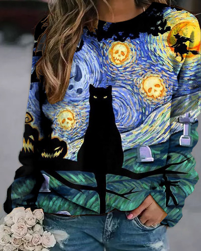Women's Halloween Witch and Black Cat Print Sweatshirt