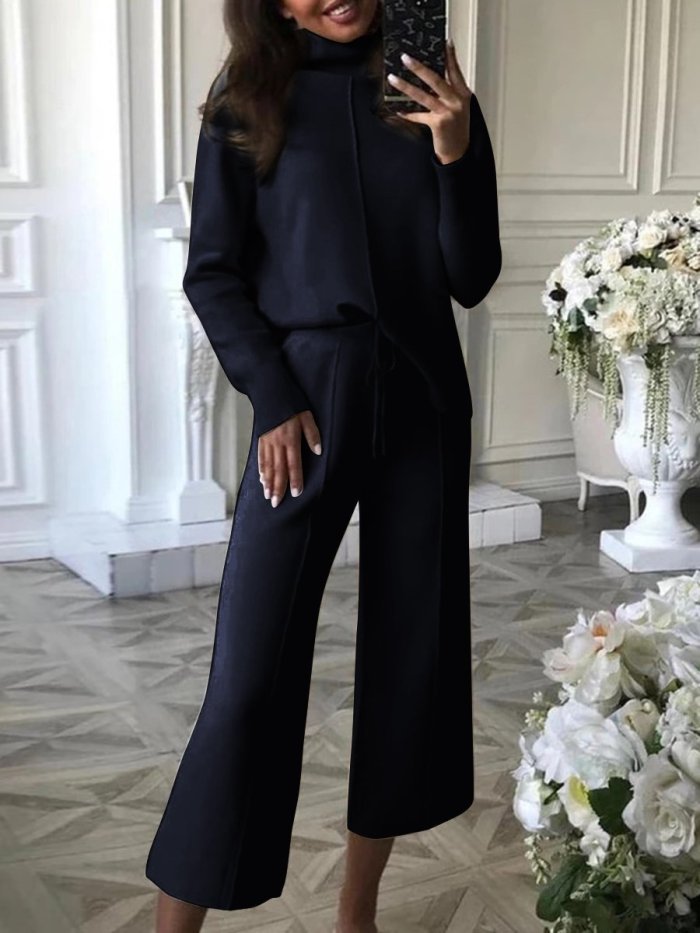 Casual High-neck Knitted Wide-leg Pants Two-piece Suits