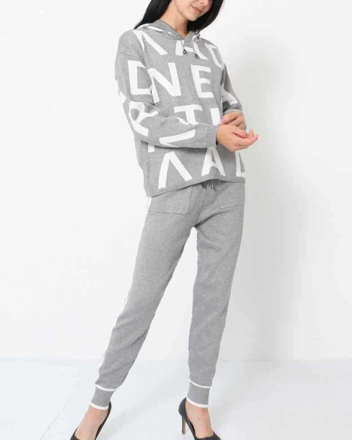 Hooded sports letter knitted two-piece set