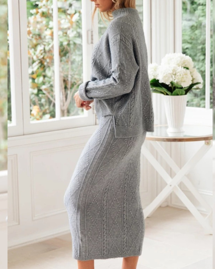 Fashion Solid Color Stand-up Collar Sweater Set
