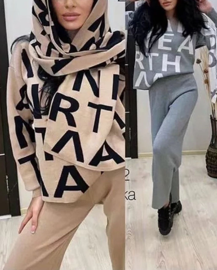 Fashion letter scarf knitted three-piece set