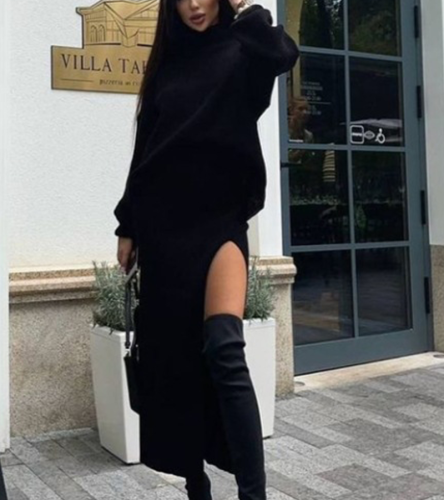 Turtleneck Casual Slit Sexy Skirt Two Pieces
