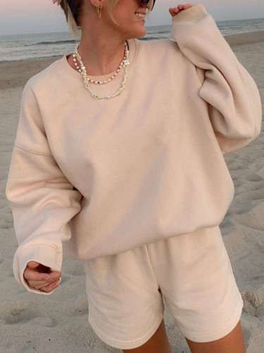 Two-piece Fleece Loose Long-sleeved Sweater Shorts Suit