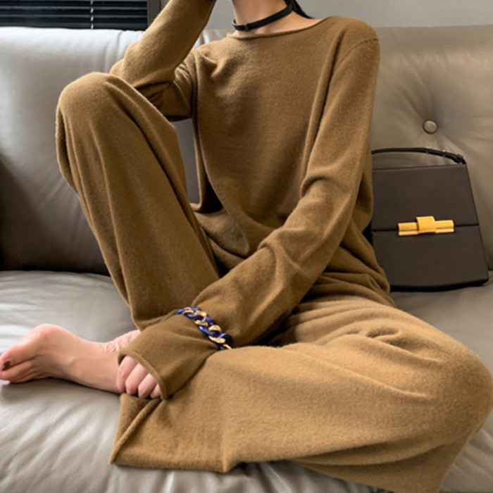 Fashion Solid Color Long Sleeved Cashmere Set