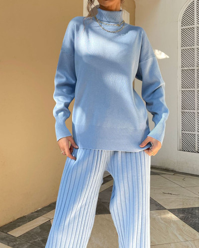 Temperament high neck knitted two-piece set