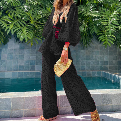 V-neck Print Lantern Sleeves Lace-up Two-piece Set