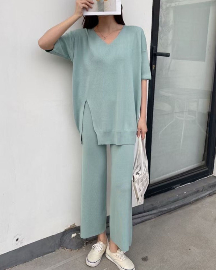 Loose V-Neck Casual Knit Two-Piece Set