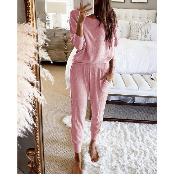 Casual Loose Solid Color Long-sleeves Knitted Set
