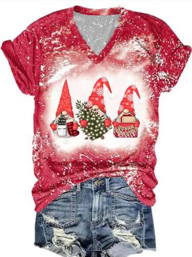 Women's Christmas Gnome Print V-Neck T-Shirt