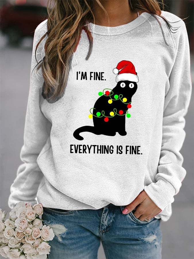 Women's Christmas I'm Fine Everything Is Fine Fun Cat Print Sweatshirt
