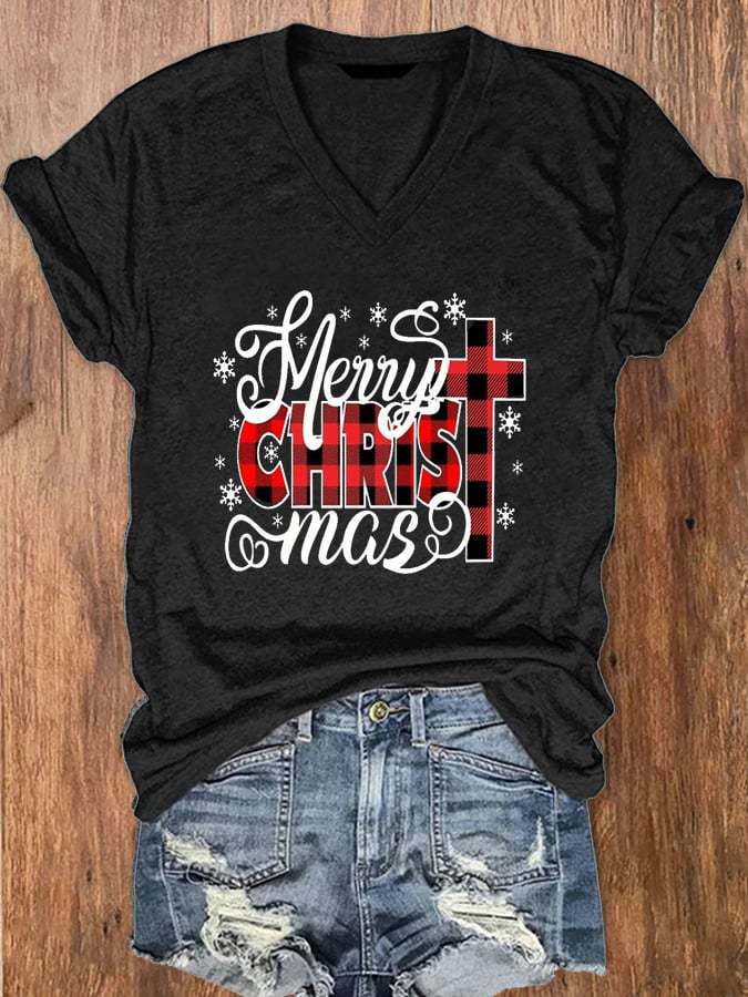 Women's Merry Christ Mas Christmas Jesus Print V-Neck T-Shirt